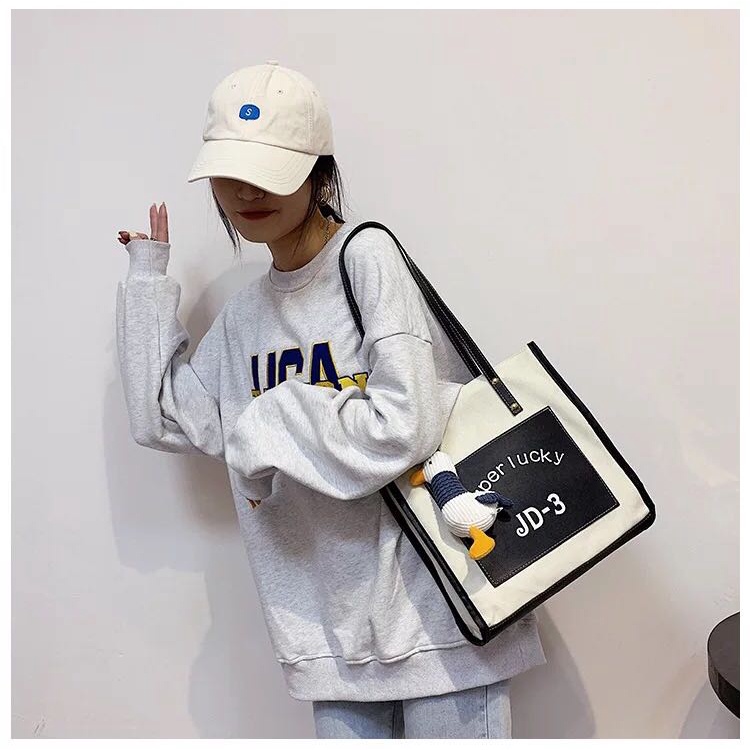 Túi tote phong cách Hàn Quốc có khóa kéo tặng kèm móc khóa TE01