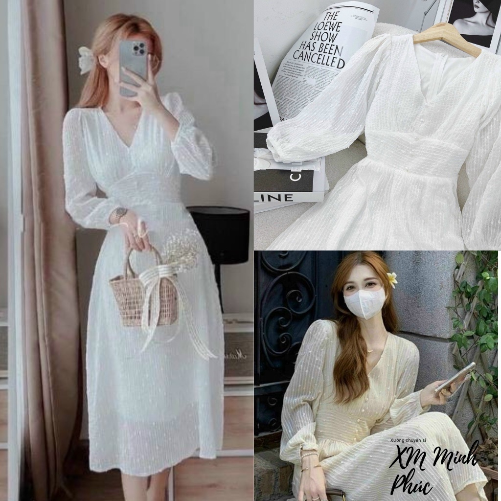 Váy thiết kế,váy dự tiệc dáng xòe cổ tim tay dài chất liệu ren thêu nhũ full 2 lớp tiểu thư dạo phố XM Minh Phúc