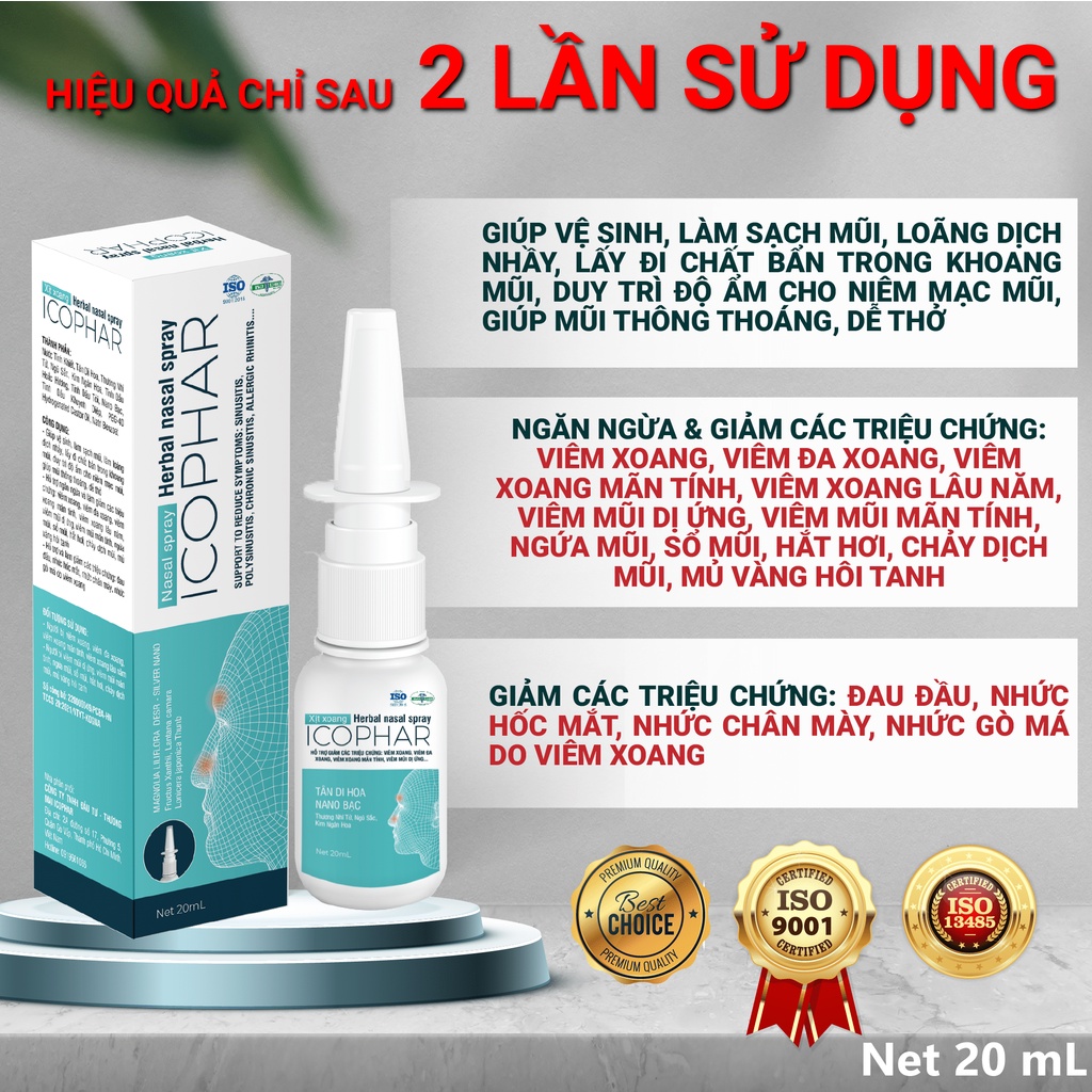 (Chính Hãng) Xịt xoang Herbal Nasal Spray ICOPHAR-20mL - Ngăn ngừa, giảm các triệu chứng viêm xoang, làm sạch khoang mũi