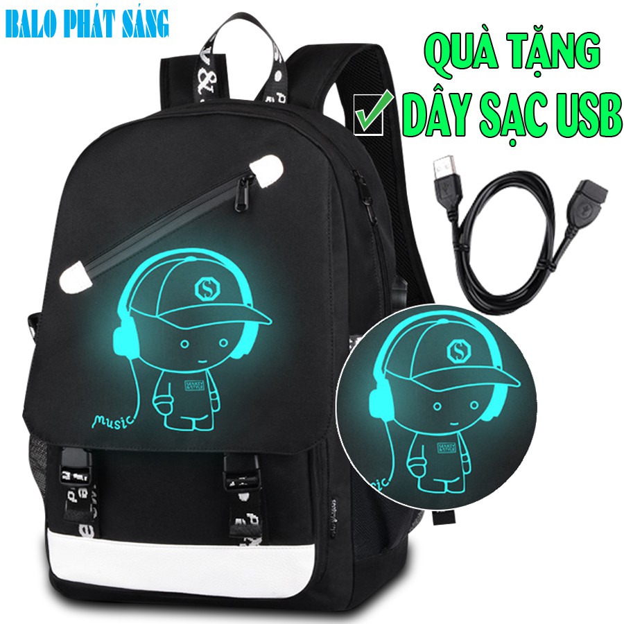 Balo nam nữ thời trang phát sáng dạ quang hình Boy Music cá tính + Tặng cáp sạc USB siêu xịn - Hàng siêu HOT