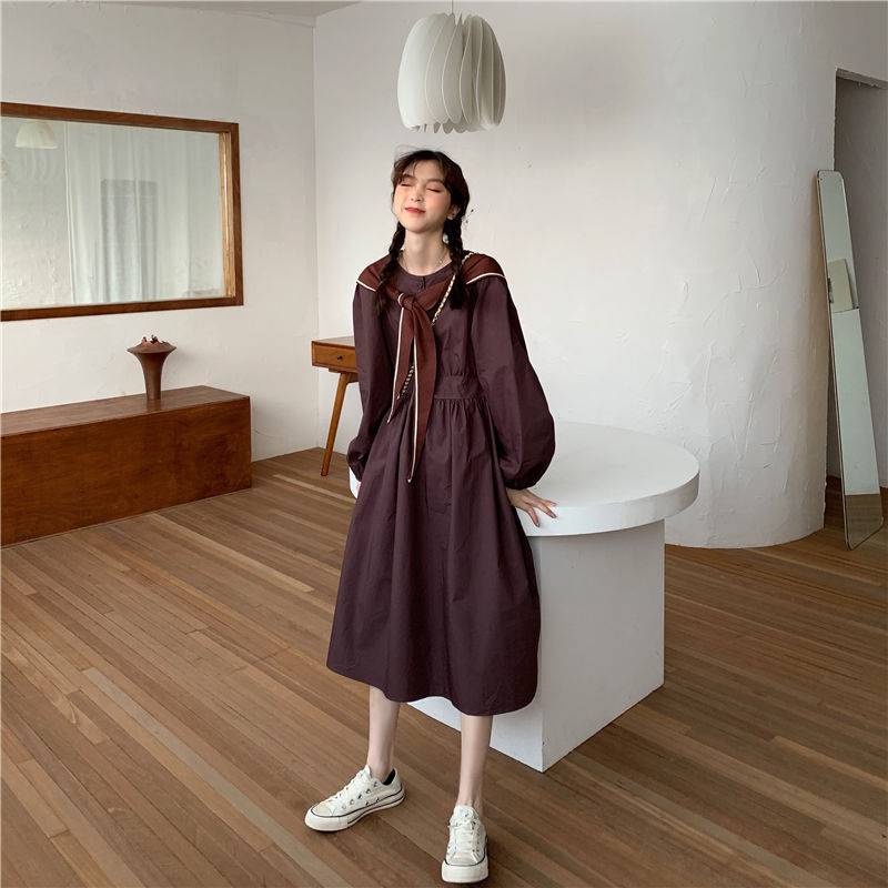 Váy babydoll Đầm Midi Tay Dài Cổ Thủy Thủ Màu Trơn Phong Cách Hàn Quốc Thời Trang Thu Đông Mới Cho Nữ