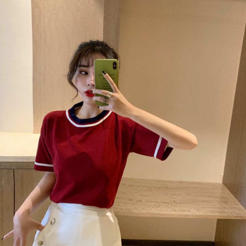 Áo Thun Nữ Hàng Quảng Châu Chất Dệt Kim Mềm Co Giãn Phối Viền Cổ Đẹp Cute