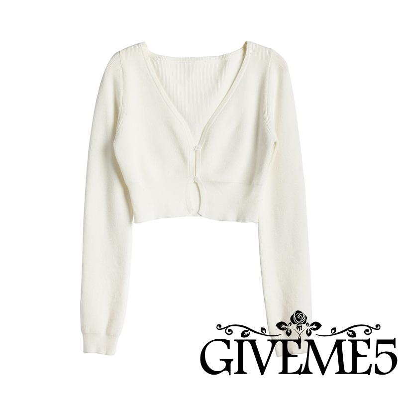 Áo Croptop Dệt Kim Tay Dài Cổ Chữ V Màu Trơn Thời Trang