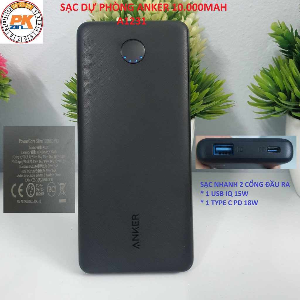 Sạc Dự Phòng Anker PowerCore Slim 10000 PD - A1231 - Chính hãng, Nobox, Sạc Nhanh Max 18W