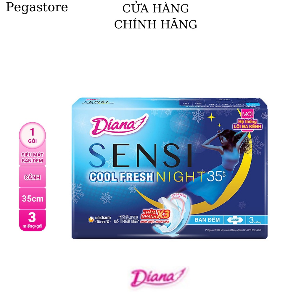 Băng vệ sinh DIANA Sensi Cool Fresh Night - BVS chống tràn ban đêm dài 35 cm 3 Miếng 1 gói