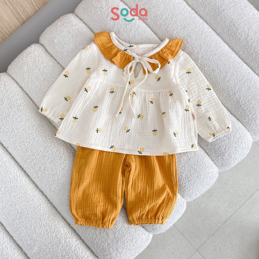 Pijama bé gái SODA KIDS Minnie chất liệu xô Muslin cổ bèo