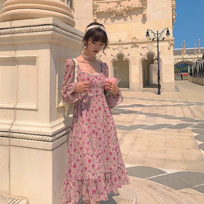 Đầm Hoa Hồng Dáng Dài Phong Cách Retro Hàn Quốc Ngọt Ngào Thời Trang Mùa Hè Cho Nữ
