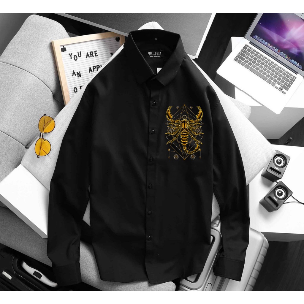 Áo sơ mi nam tay dài màu đen thời trang bigsize 70 - 130kg - in hình độc lạ