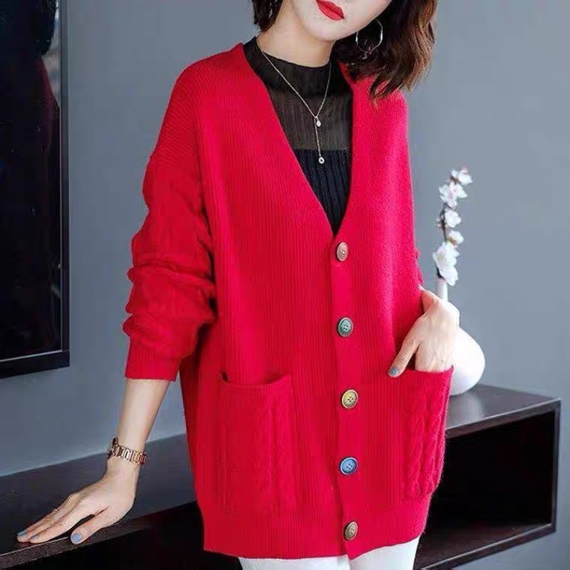 Áo khoác len nữ, Áo cardigan len đẹp dáng nhỡ túi thật tay phối họa tiết vặn thừng, Chất liệu len dệt kim mềm mịn
