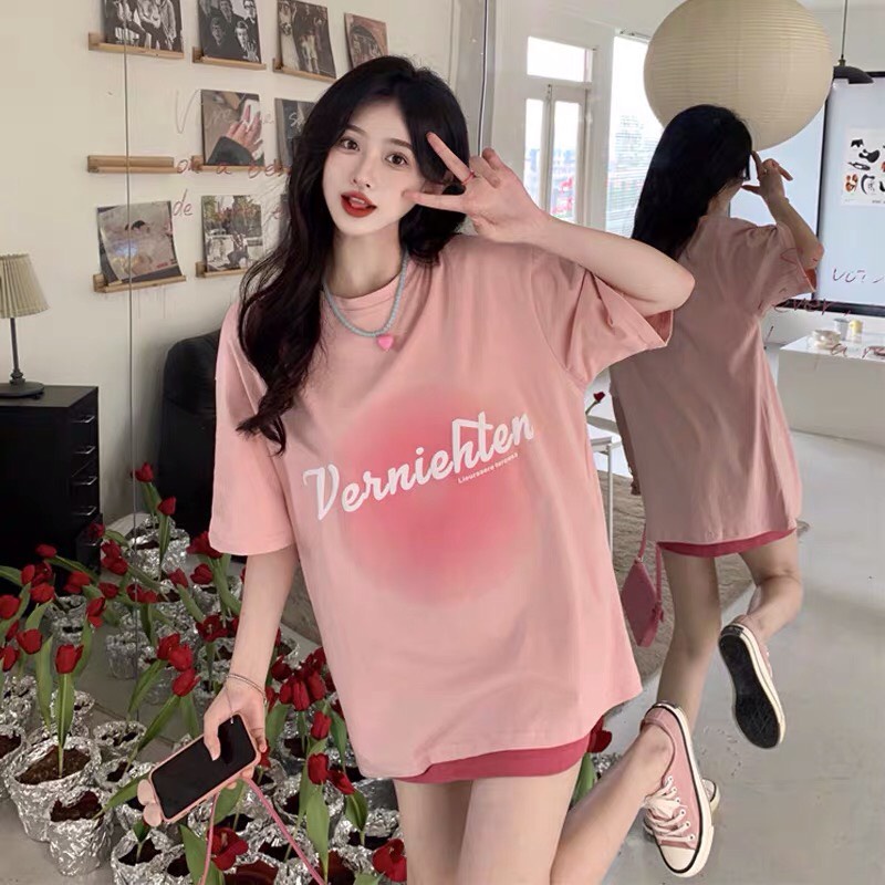 Áo phông nam nữ form rộng 2N Unisex thun cotton in Hồng pastel