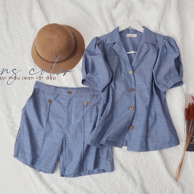 Set áo kiểu vest phối short KANAMY màu xanh jeans