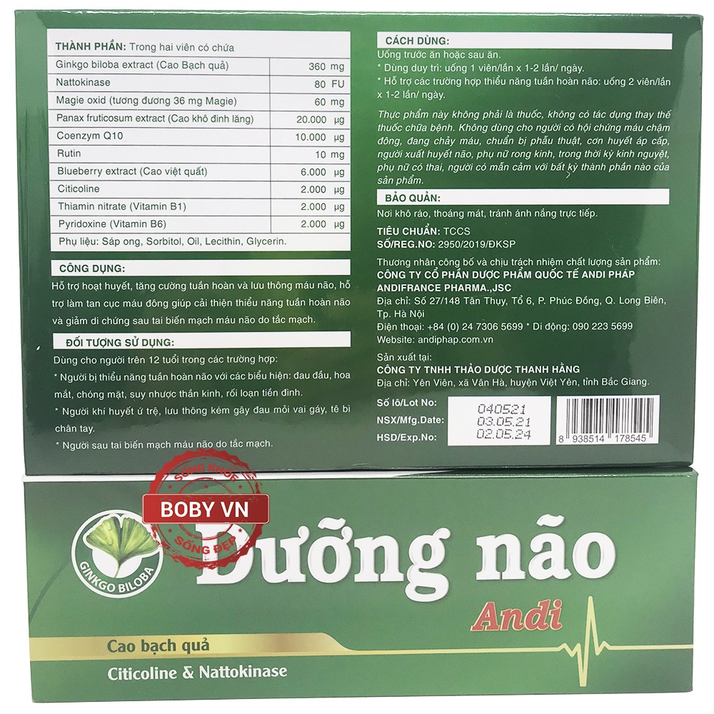 Dưỡng não Andi hoạt huyết, tăng cường tuần hoàn và lưu thông máu não