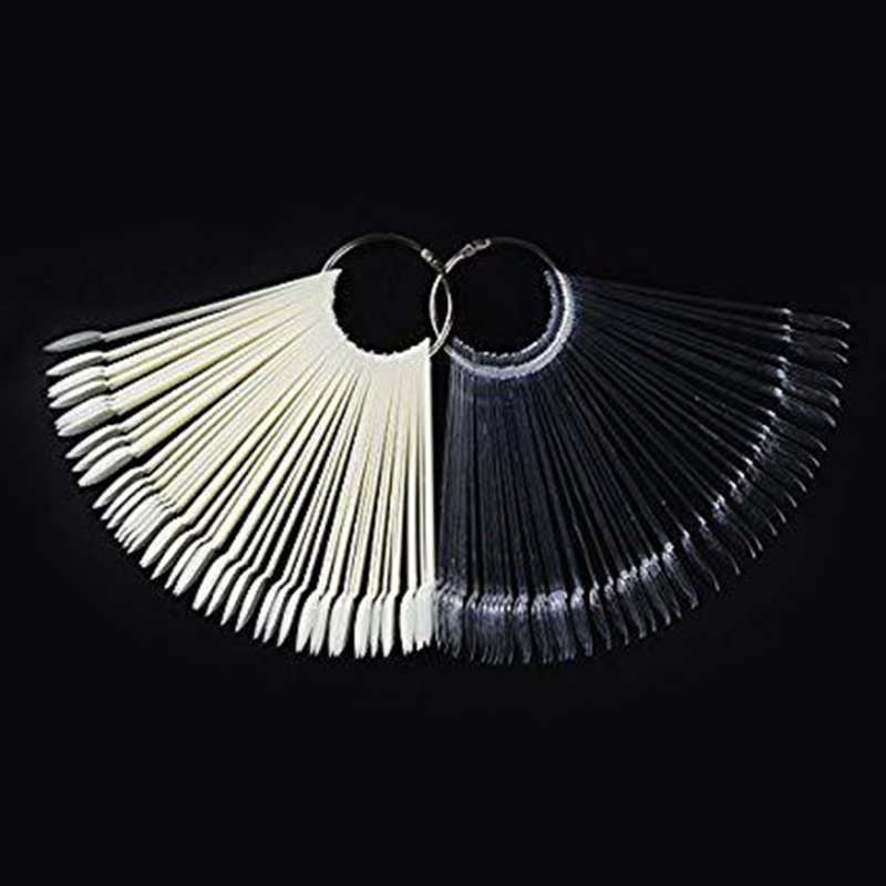 Set 50 Móng Tay Giả Hình Quạt Nhiều Màu Sắc Trưng Bày Kèm Nhẫn Kim Loại