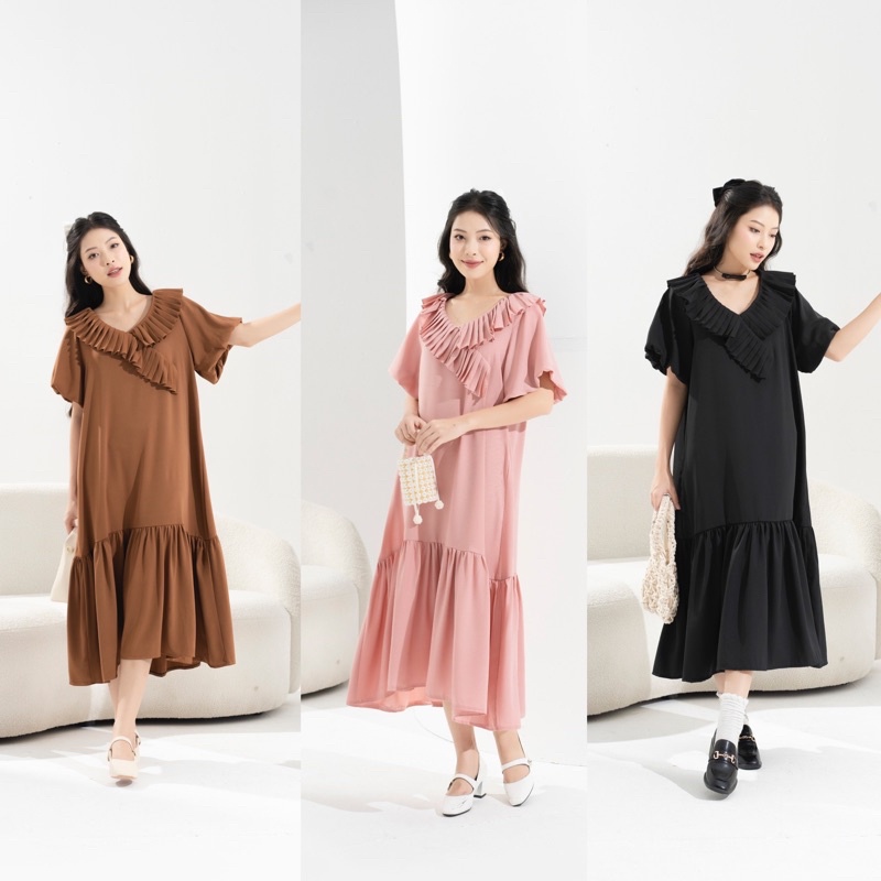 Váy Suông Đuôi Cá Cổ Xếp Ly Tay Bo Phồng Dáng Dài Rộng Rất Dễ Mặc Chị Em Bầu Bí Mặc Thoái Mái