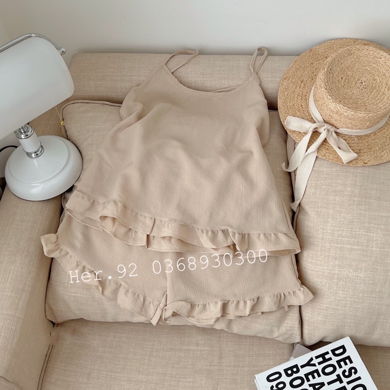 Bộ đũi hai dây mặc nhà viền bèo trơn Đồ ngủ xinh siêu mát mùa hè