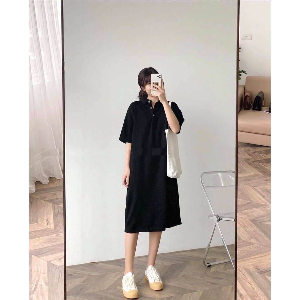 Váy Polo Cúc Đồng Midi Dáng Dài Nữ [FREESHIP] 🌸 Đầm dáng suông màu đen trơn, thun tay lỡ bánh bèo cá tính Ulzzang 🌸