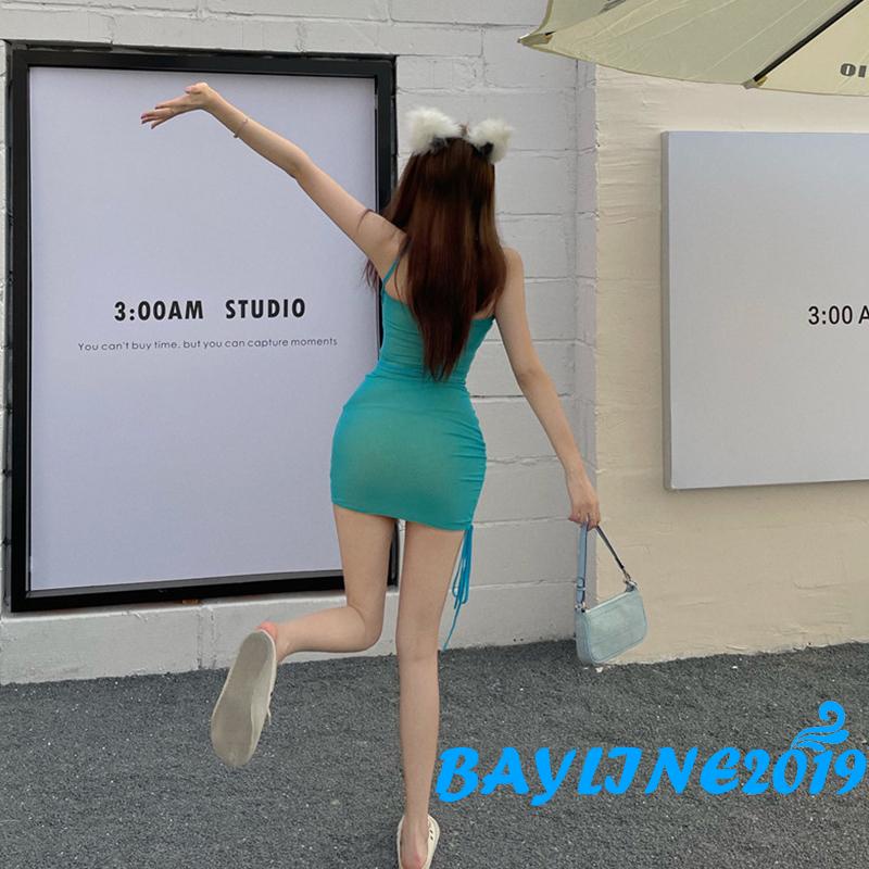 BAY-Women’s Tie-up Halter Short Dress Fashion Contrast Color Mesh Yarn Backless Skinny Dress