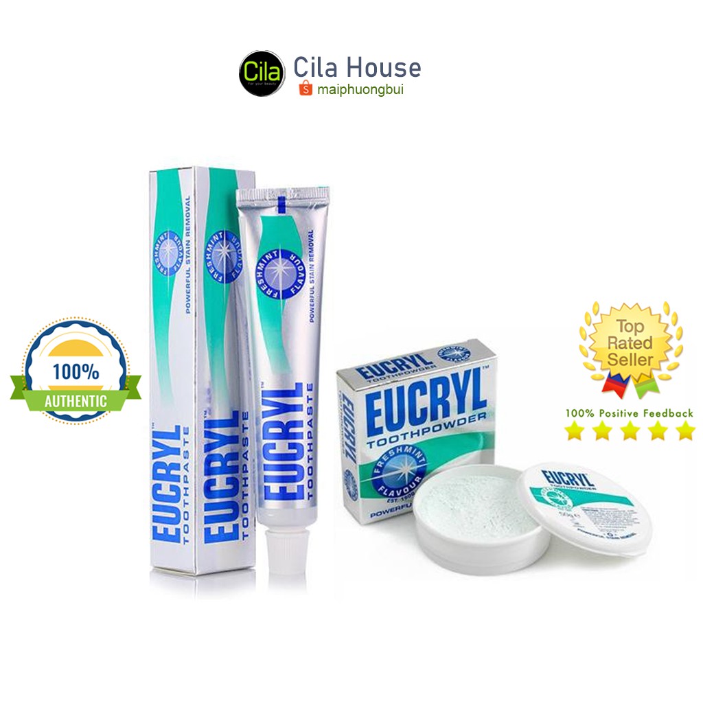 Combo Bột Tẩy Trắng Răng + Kem Đánh Răng Làm Trắng Răng Hương Bạc Hà EUCRYL Tooth Paste Freshmint