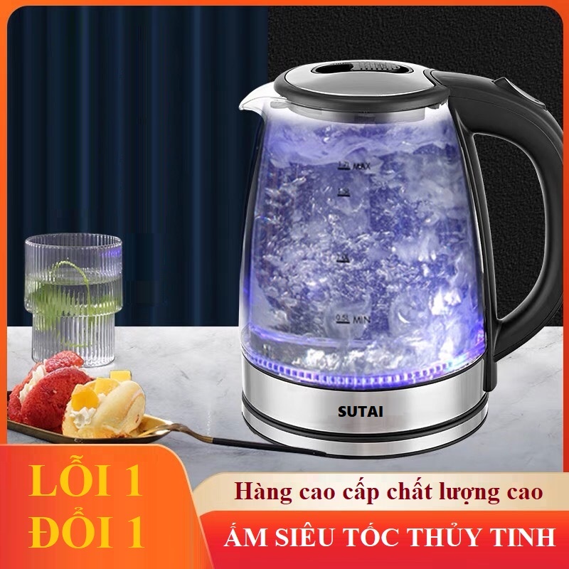 Ấm siêu tốc thủy tinh trong suốt CAO CẤP SUTAI Dung tích 2.0L - Ấm thủy tinh siêu tốc, tiết kiệm điện, có đèn LED !