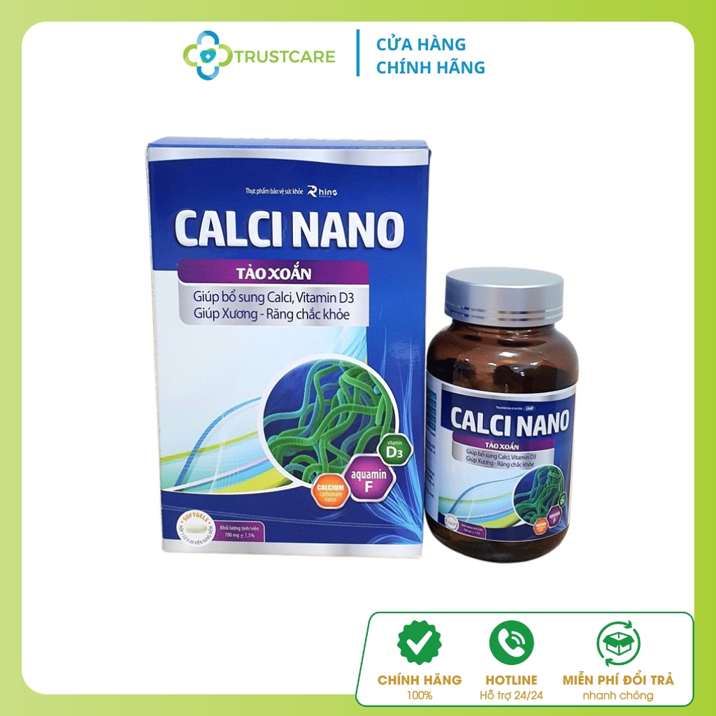 Viên uống canxi cho bà bầu Calci Nano, kết hợp tảo xoắn, Aquamin F, Vitamin K2, D3 - Hộp 60 viên - Trustcare