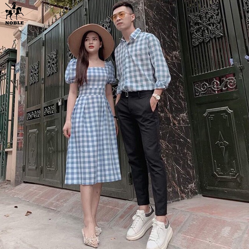 Set đồ đôi áo sơ mi nam đầm nữ caro xanh, dự tiệc, dạo phố thời trang Miamo TN437 (kèm ảnh thật)