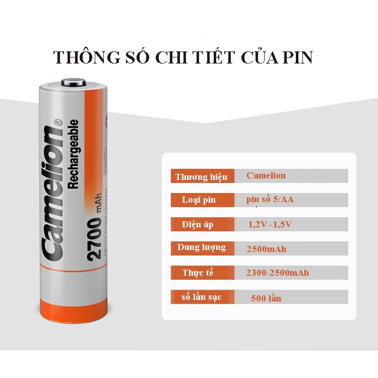 Combo 4 viên pin sạc Camelion AA 2700mAh - Pin dung lượng cao chuyên dùng cho Micro KTV, cửa ra vào, đồng hồ