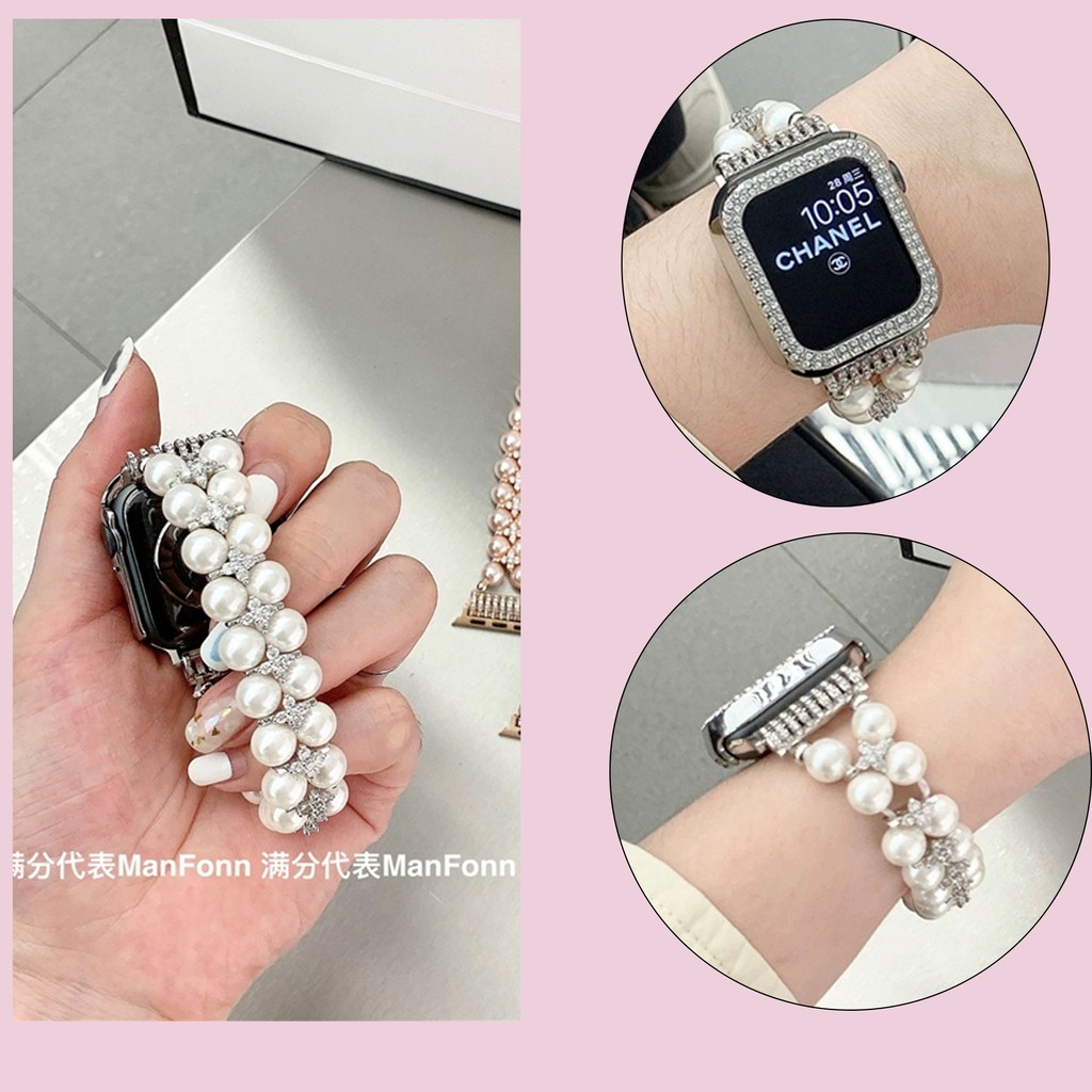 Dây Đeo Đồng Hồ Bằng Thép Không Gỉ Đính Ngọc Trai Giả Cho Apple iWatch 41mm 45mm 40mm 44mm 38mm 42mm series 7 6 5 4 3 2 1