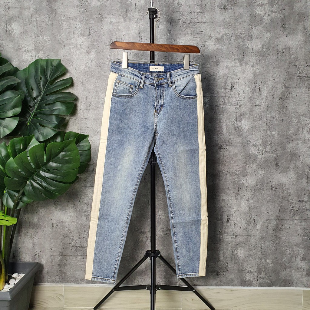 Quần jean nam W2P 850 skinny jeans xanh trơn sọc trắng