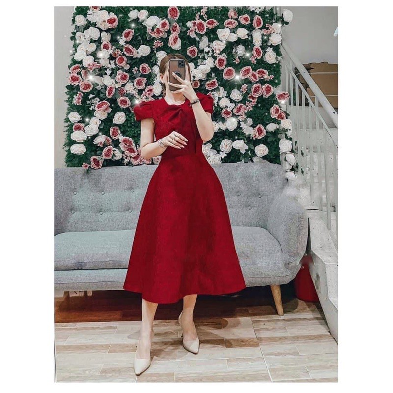 Đầm gấm tay con phối nơ sang trọng | BigBuy360 - bigbuy360.vn