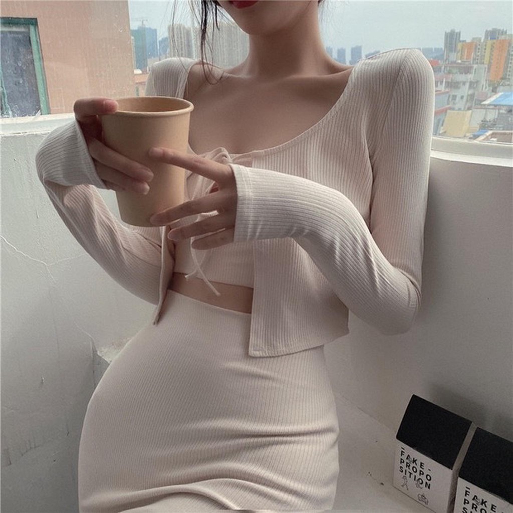 Set trắng kem khoác ngoài cột dây + Áo croptop ngắn + Chân váy | BigBuy360 - bigbuy360.vn