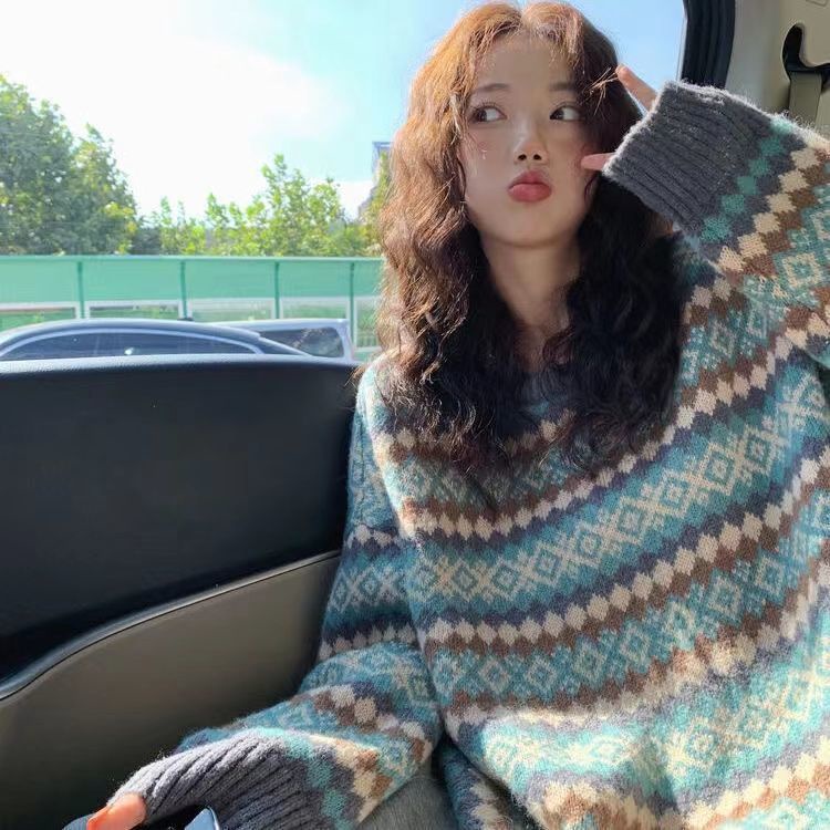 Áo Sweater Dáng Rộng Thiết Kế Hình Thoi Phong Cách Hồng Kông Thời Trang Mùa Đông 2022 Mới Cho Nữ