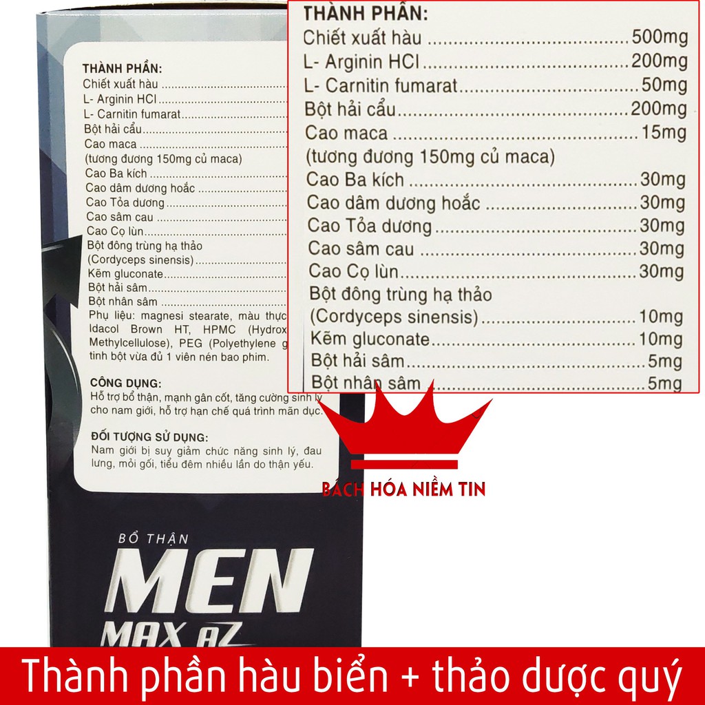 Viên uống bổ thận MEN MAX AZ- Thành phần từ Hàu biển, ba kích, tỏa dương giúp tăng cường sinh lý nam giới hiệu quả