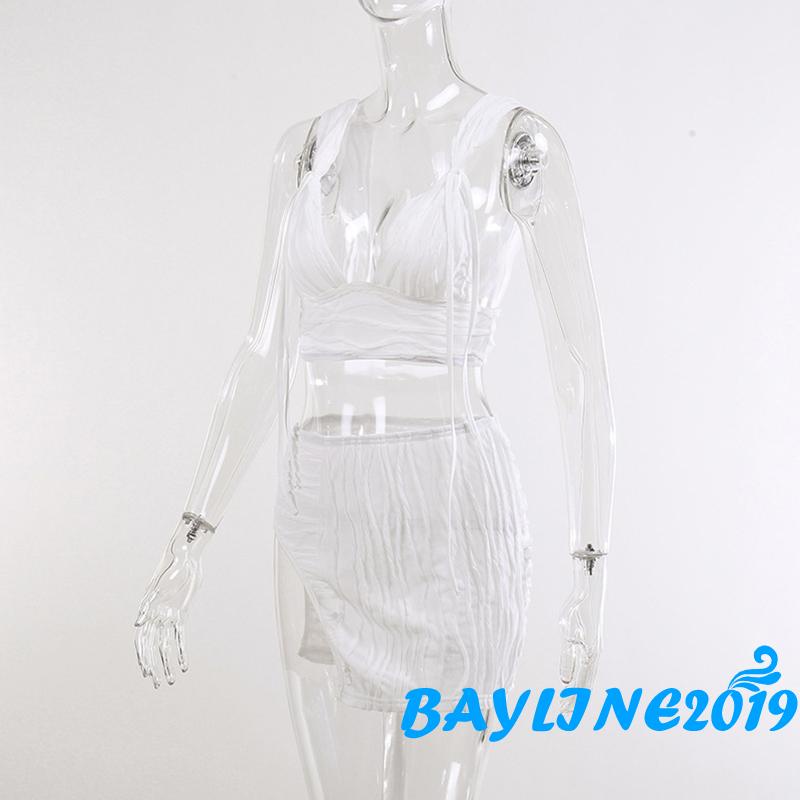 Bay-Women 2Pcs Summer Outfits, Sleeveless Deep V Neck Pleated Tank Tops + Split Mini Skirt Set