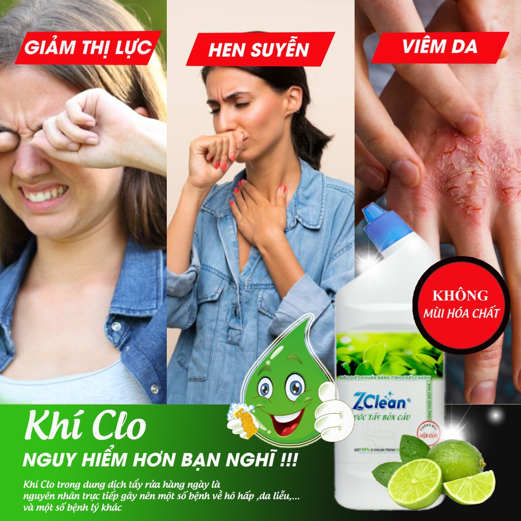 Nước Tẩy Bồn Cầu Không Mùi Hóa Chất ZClean – siêu tẩy vết ố vàng, diệt khuẩn - chai 900ml