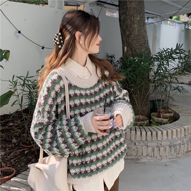 Áo sweater Cổ Tròn Dáng Rộng Phối Màu Tương Phản Thời Trang Thu Đông Cho Nữ