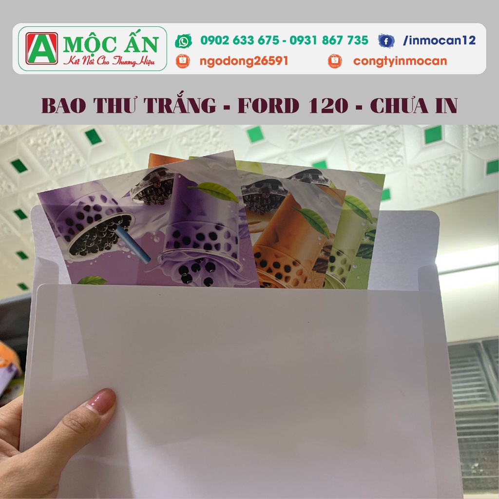 100 Bao Thư Trắng 12x22 cm - Ford 120g Giấy Dày, Không Keo nắp