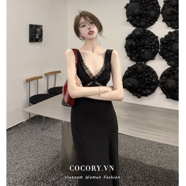 Cocory vn Đầm Maxi Hai Dây Cổ Chữ V Phối Ren Phong Cách Retro Quyến Rũ Thời Trang Hàn Quốc Cho Nữ