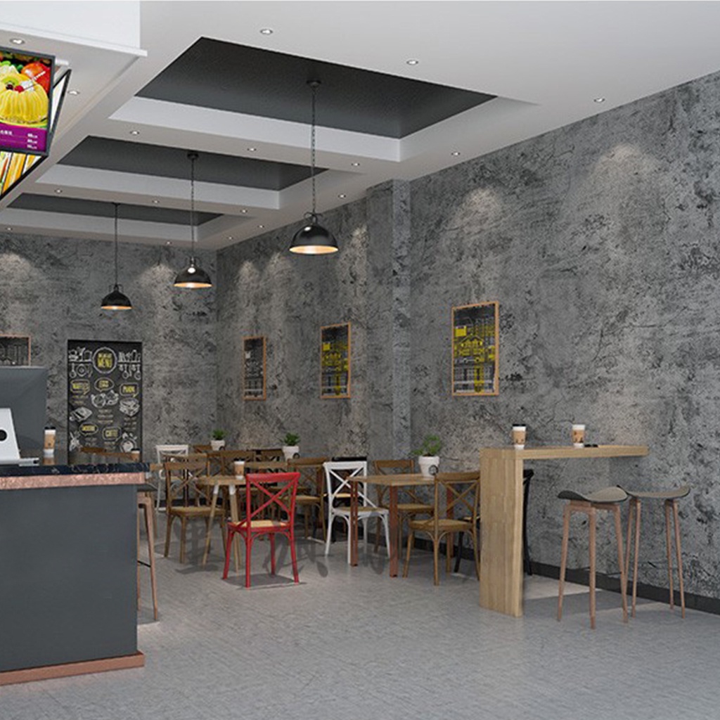 Dán tường giả xi măng decal, giấy dán tường bê tông màu xám đẹp