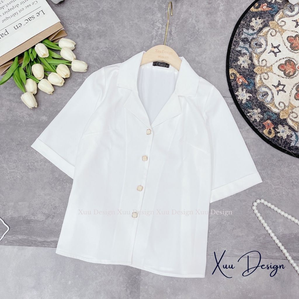 Áo sơ mi nữ cổ vest Xuu Design Áo nữ ngắn tay trơn kiểu dáng basic thời trang chất vải mềm chống nhăn SK06