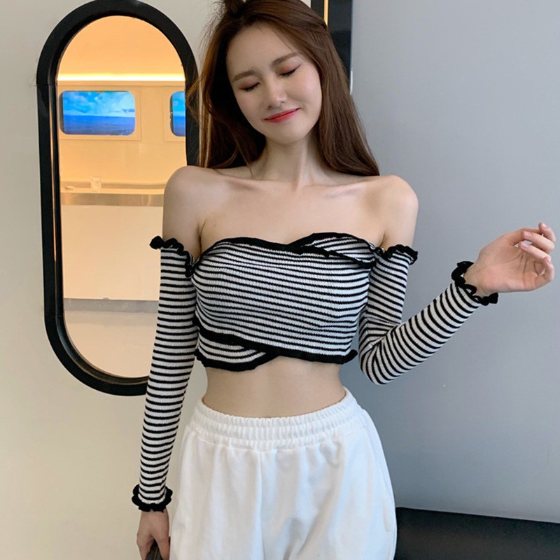 Áo Croptop Dệt Kim Tay Dài Thiết Kế Trễ Vai Quyến Rũ