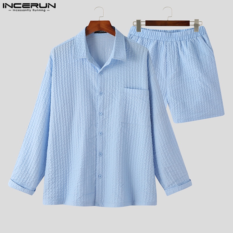 Set trang phục INCERUN áo thun dài tay có cổ + quần short ống rộng thời trang cho nam