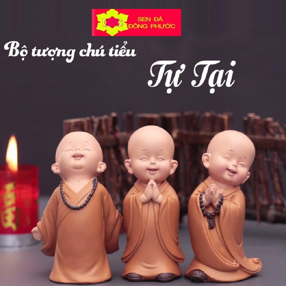-Tượng chú tiểu áo lam Tuỳ duyên Hạnh Phúc chất liệu Composite 8 CM- Phụ kiện trang trí