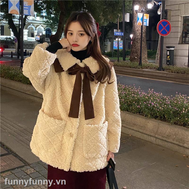 Áo Khoác Len Lông Cừu Dày Dáng Rộng Thắt Nơ Họa Tiết Kim Cương Phong Cách Hàn Quốc Thời Trang Thu Đông Mới 2021 | BigBuy360 - bigbuy360.vn