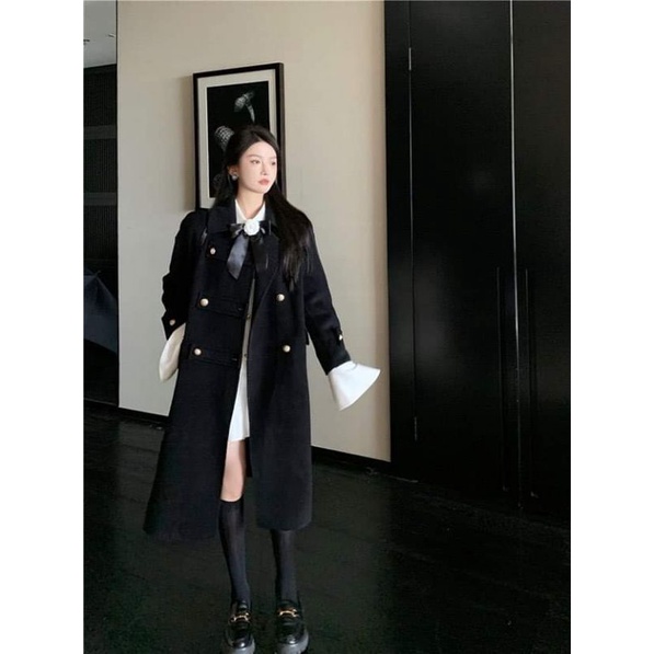Set áo khoác dạ nữ trench coat dáng dài + váy sơ mi somi sơmi tiểu thư trắng dài tay dáng ngắn xoè thắt nơ hoa trà