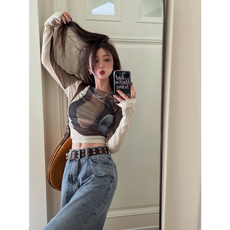 Cocory vn Áo Croptop Tay Dài Cổ Tròn Màu Tương Phản Thời Trang Mùa Thu Cho Nữ