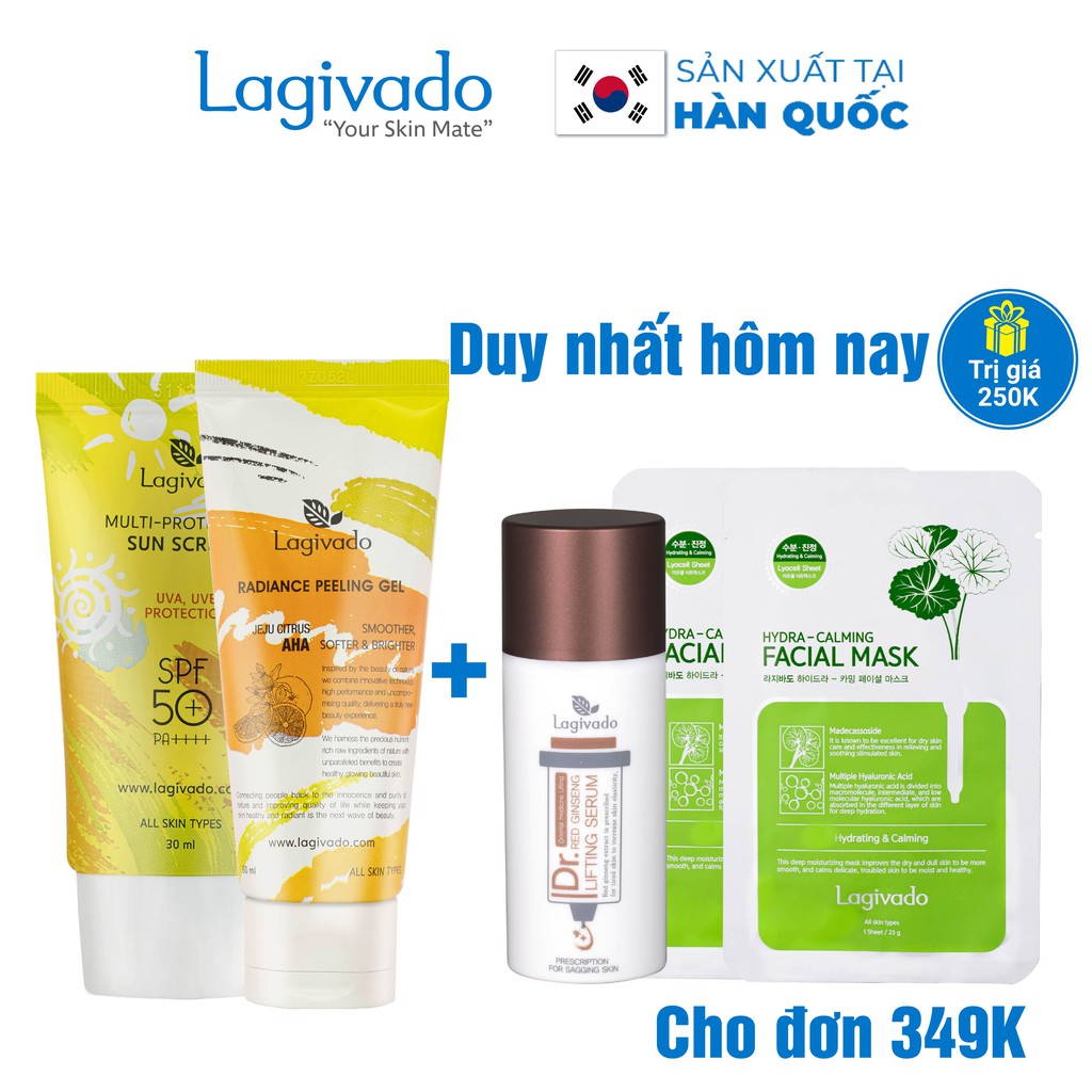 Bộ chăm sóc da mặt Hàn Quốc Lagivado Kem chống nắng 30 g và tẩy tế bào da chết 50 ml