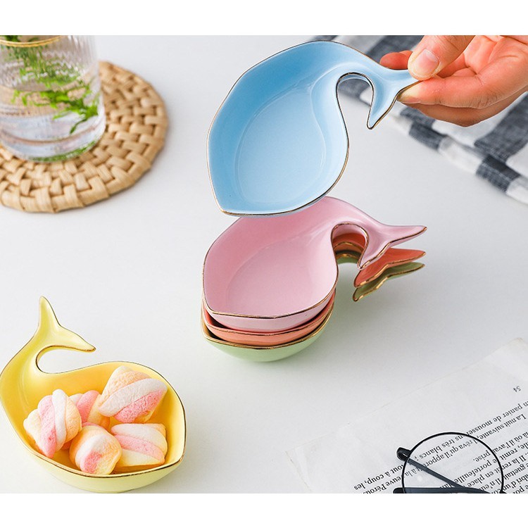 Bát ăn dặm gốm sứ cá voi viền vàng ( nhiều màu )