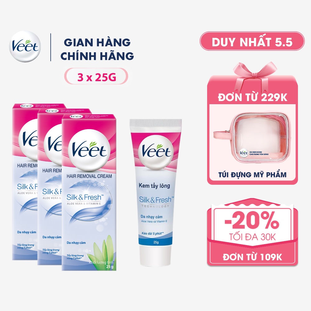 [Mã FMCGVEET52 giảm 8% đơn 250k] Bộ 3 Kem tẩy lông cho da nhạy cảm Veet Silk Fresh 25g/tuýp