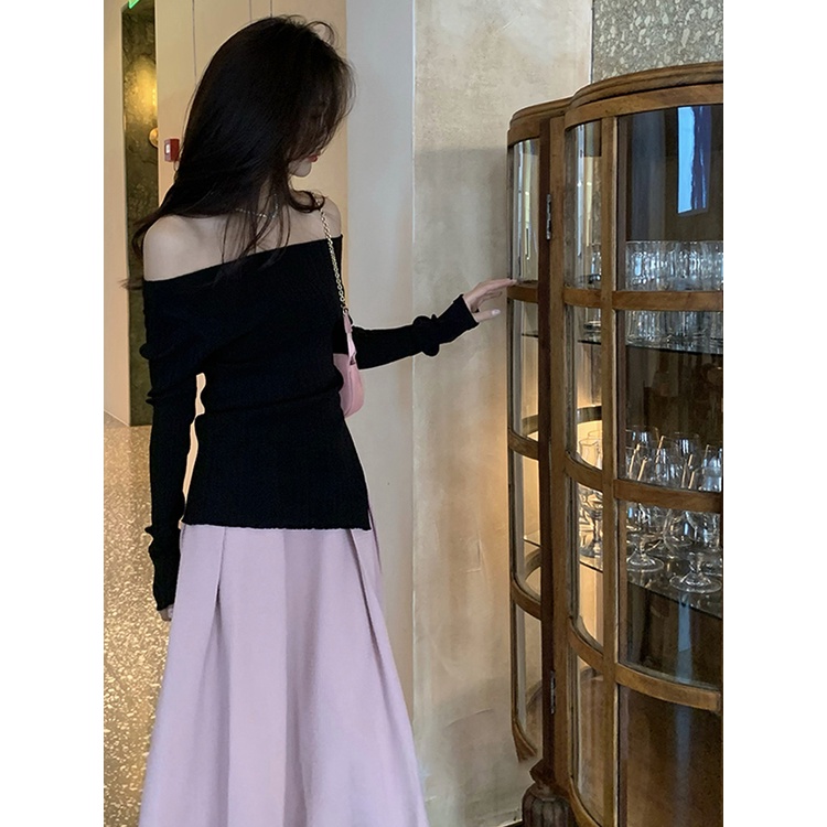 Áo sweater Lụa Lạnh Ba Màu Trễ Vai Xẻ Tà Nhẹ Nhàng