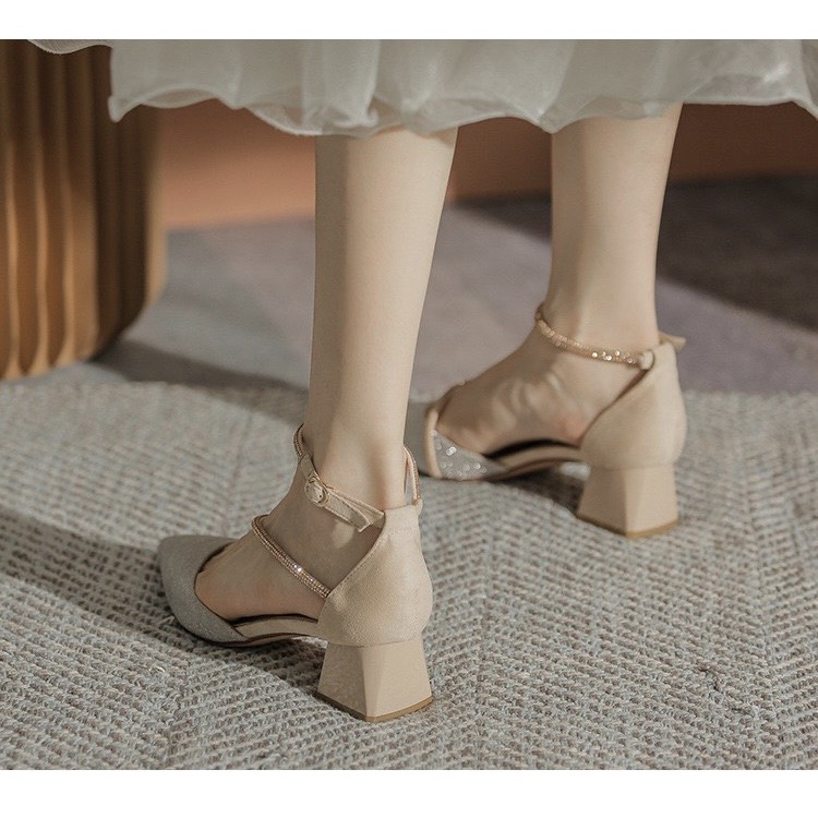 Giày sandal cao gót mũi nhọn đính đá gót vuông phong cách Hàn Quốc (782)